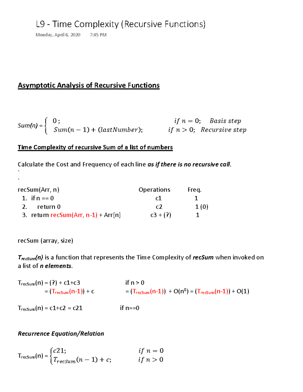 L9 Time Complexity Recursive Function - ƐLJŵƉƚŽƚŝĐ ŶĂůLJƐŝƐ ŽĨ ...