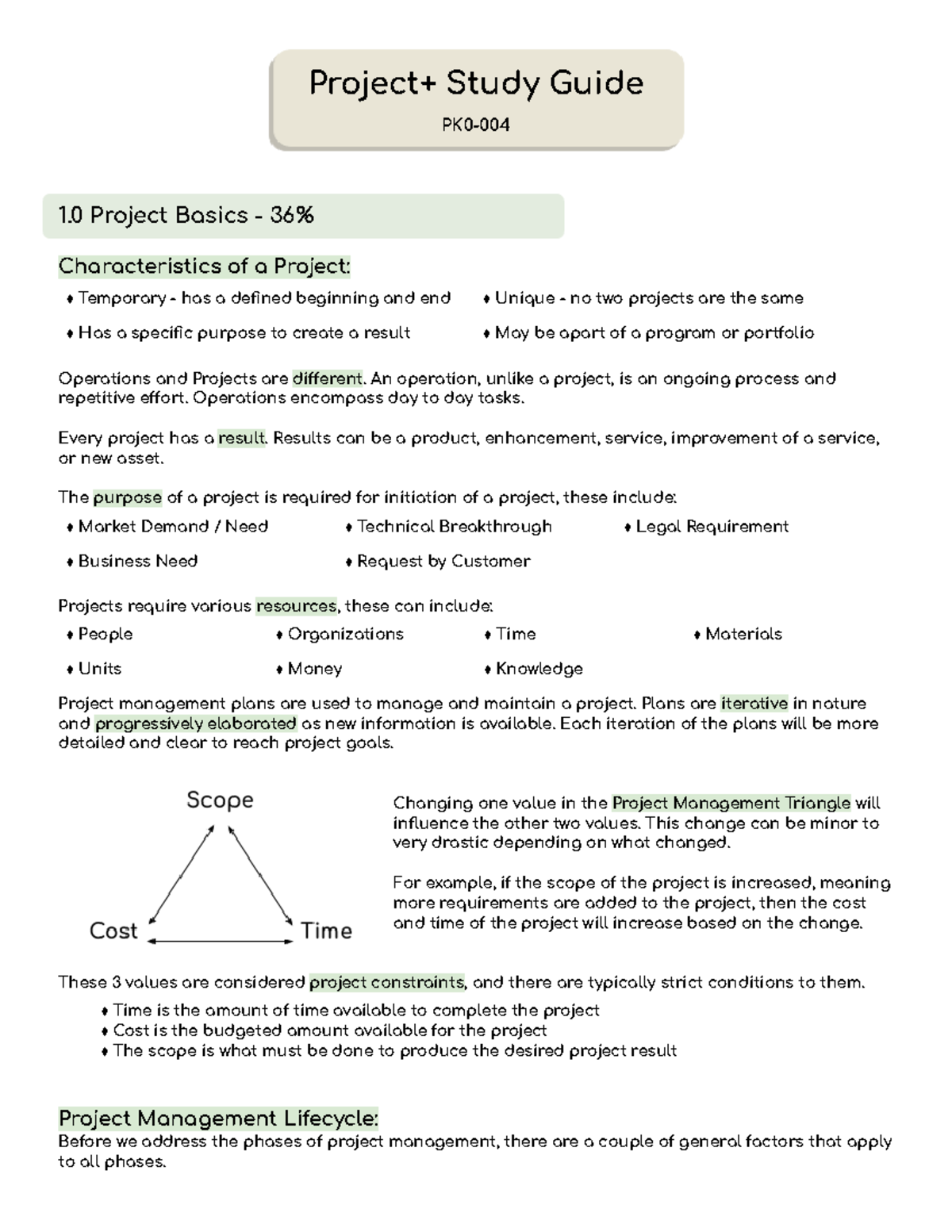 Project+ Study Guide Notes - Project+ Study Guide PK0- 1 Project Basics ...