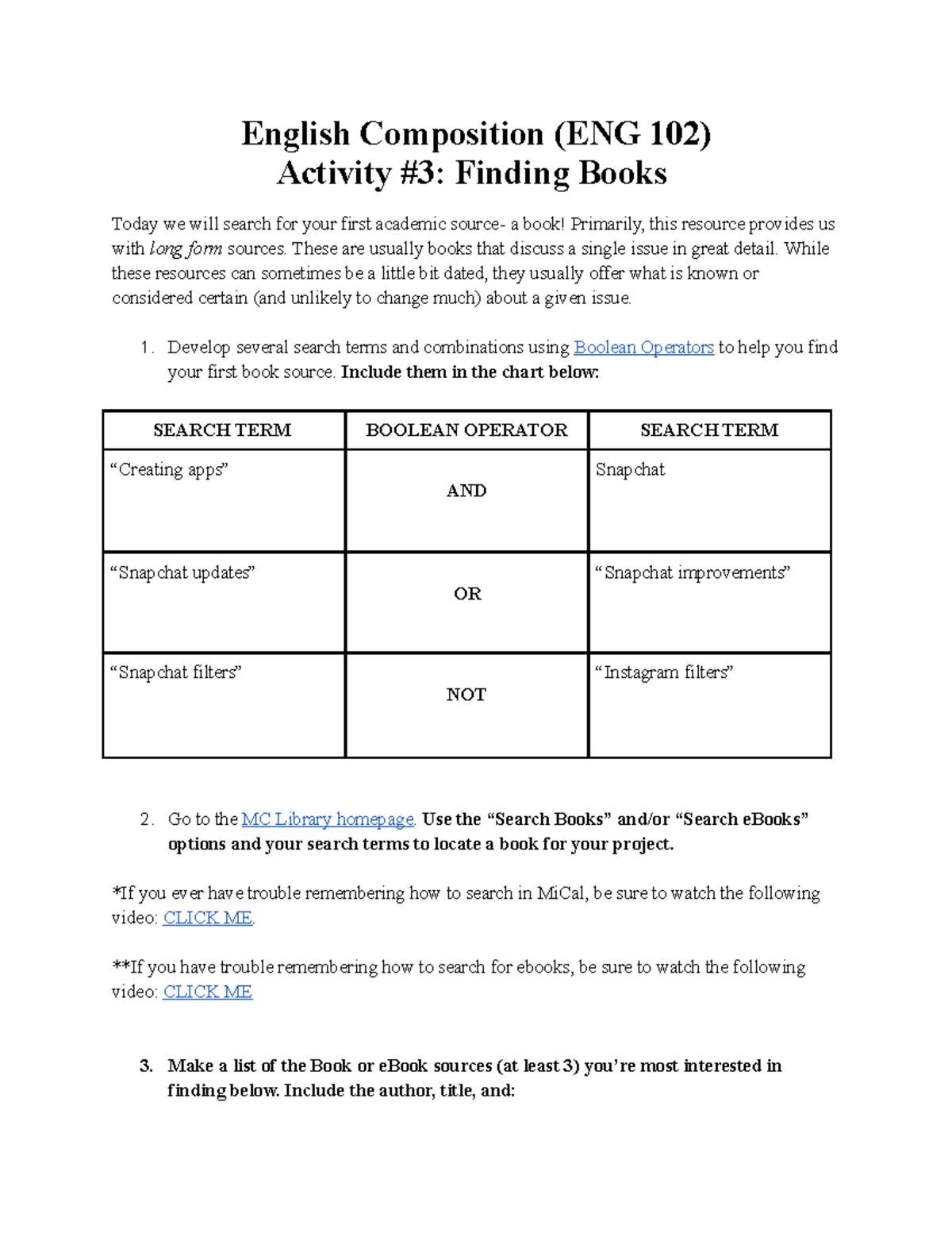 English Lecture Activity Three English Composition ENG 102 Activity 