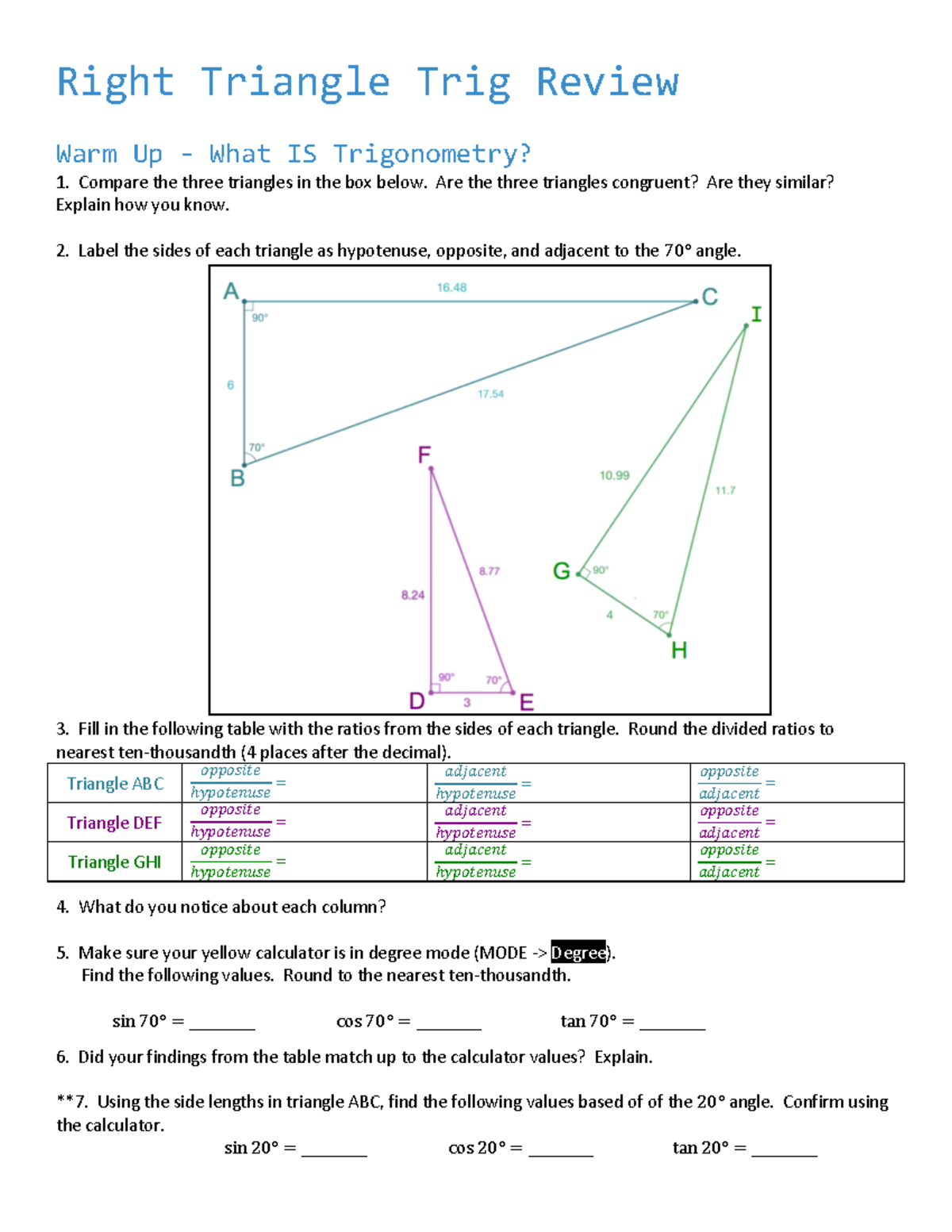 Right Triangle Trig Review Compare the three triangles in the box