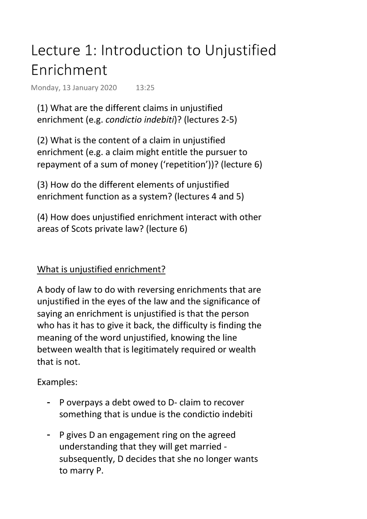 Lecture 1 Introduction to Unjustified Enrichment (1) What are the