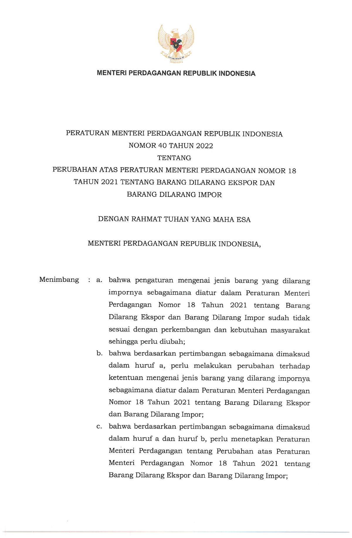 Permendag Nomor 40 Tahun 2022 - A. Bahwa Pengaturan Mengenai Jenis ...