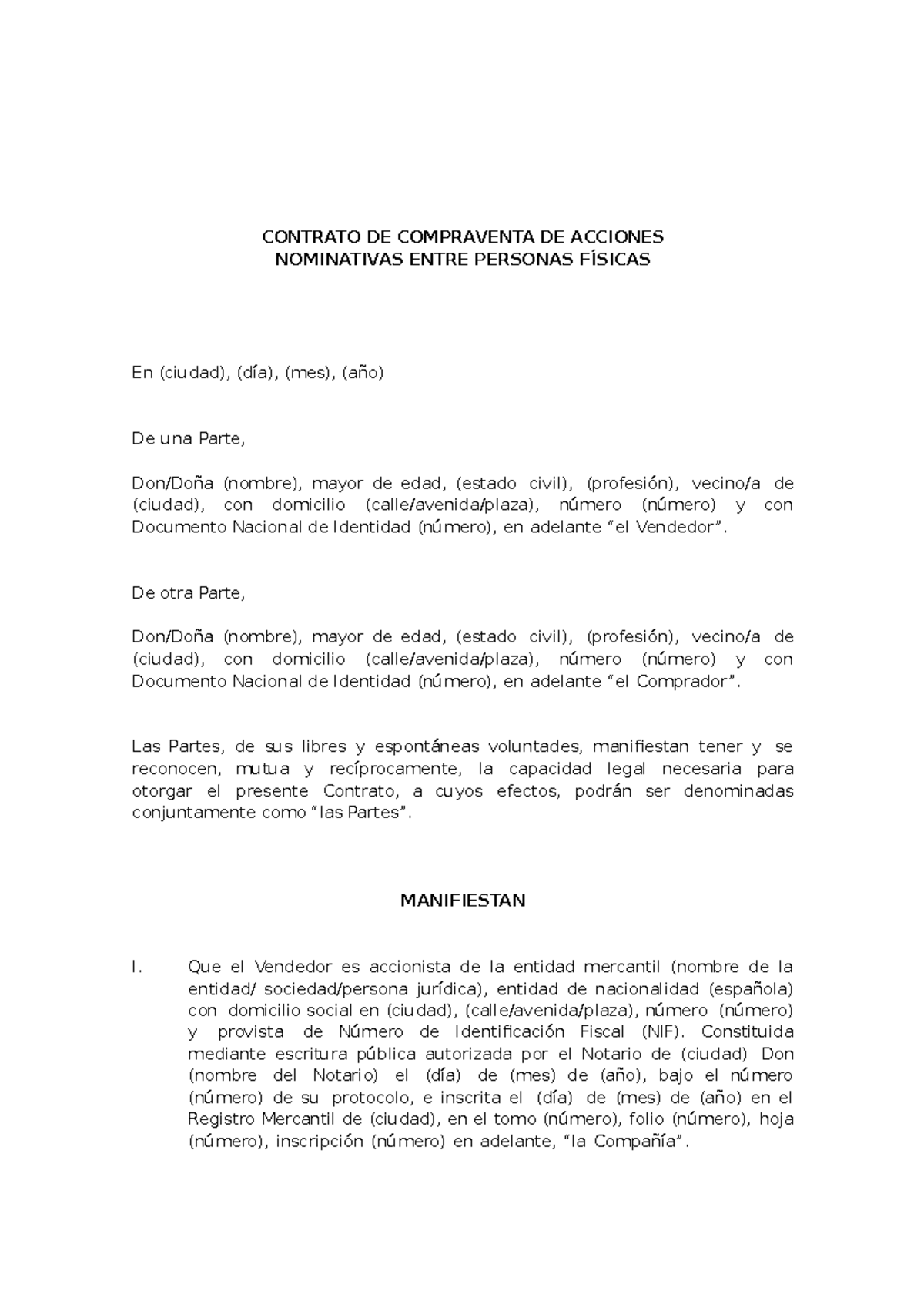 Contrato De Compraventa De Acciones En Word Contrato De Compraventa De Acciones Nominativas 3962