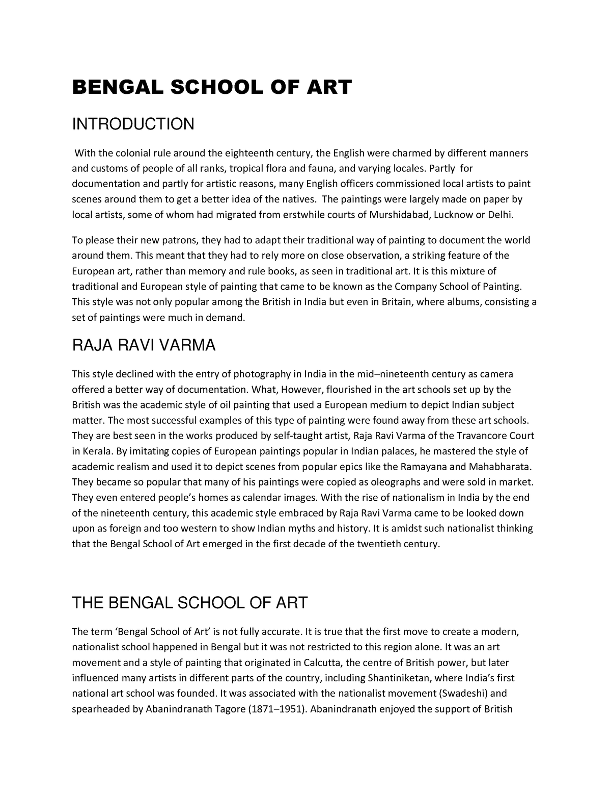 Bengal School OF ART my ans BENGAL SCHOOL OF ART INTRODUCTION With