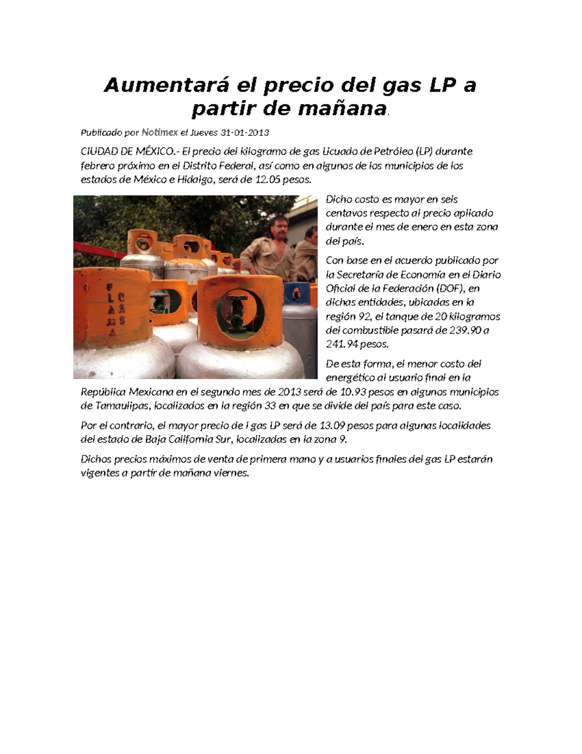 Aumentará el precio del gas LP a partir de mañana - Publicado por ...