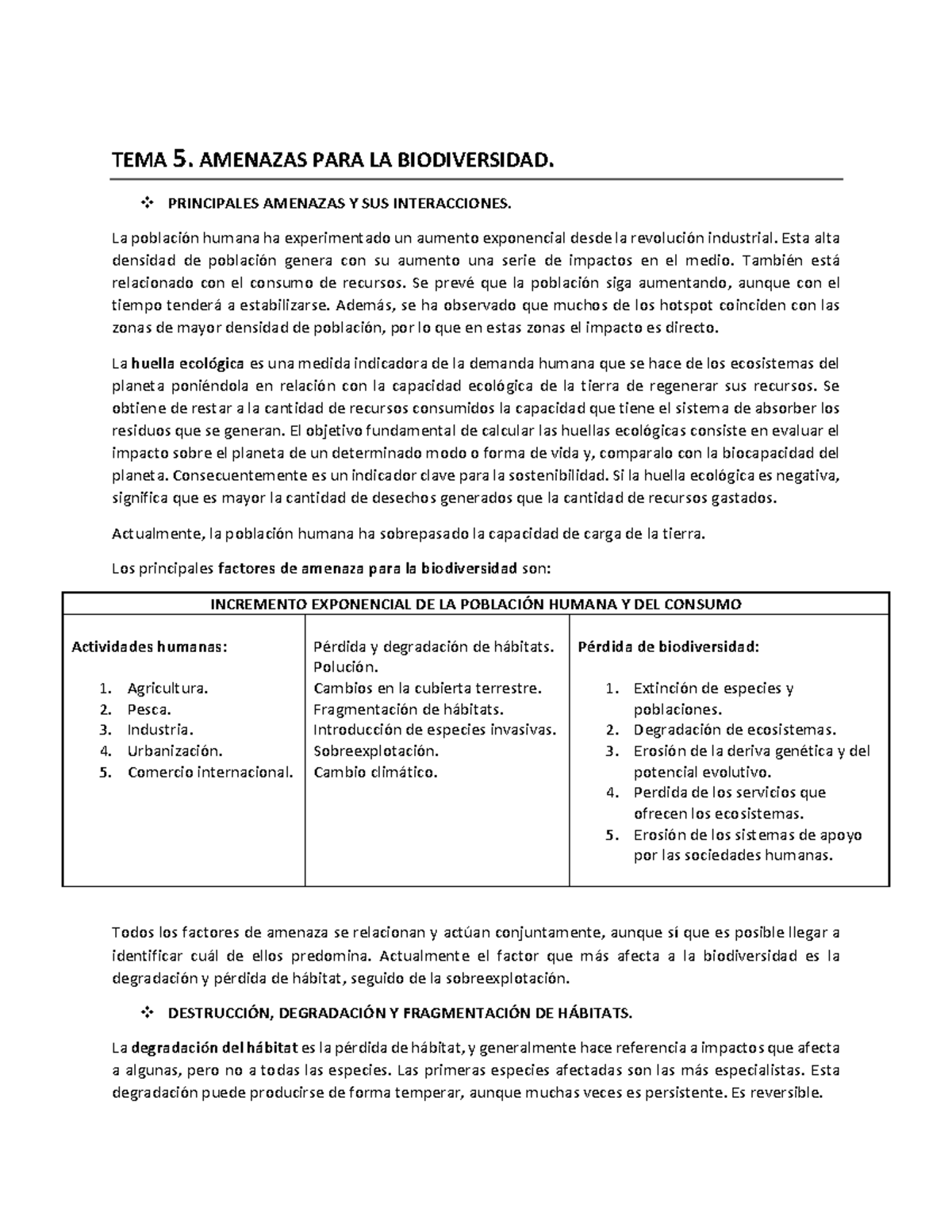 TEMA 5 - TEMA 5. AMENAZAS PARA LA BIODIVERSIDAD. PRINCIPALES AMENAZAS Y ...