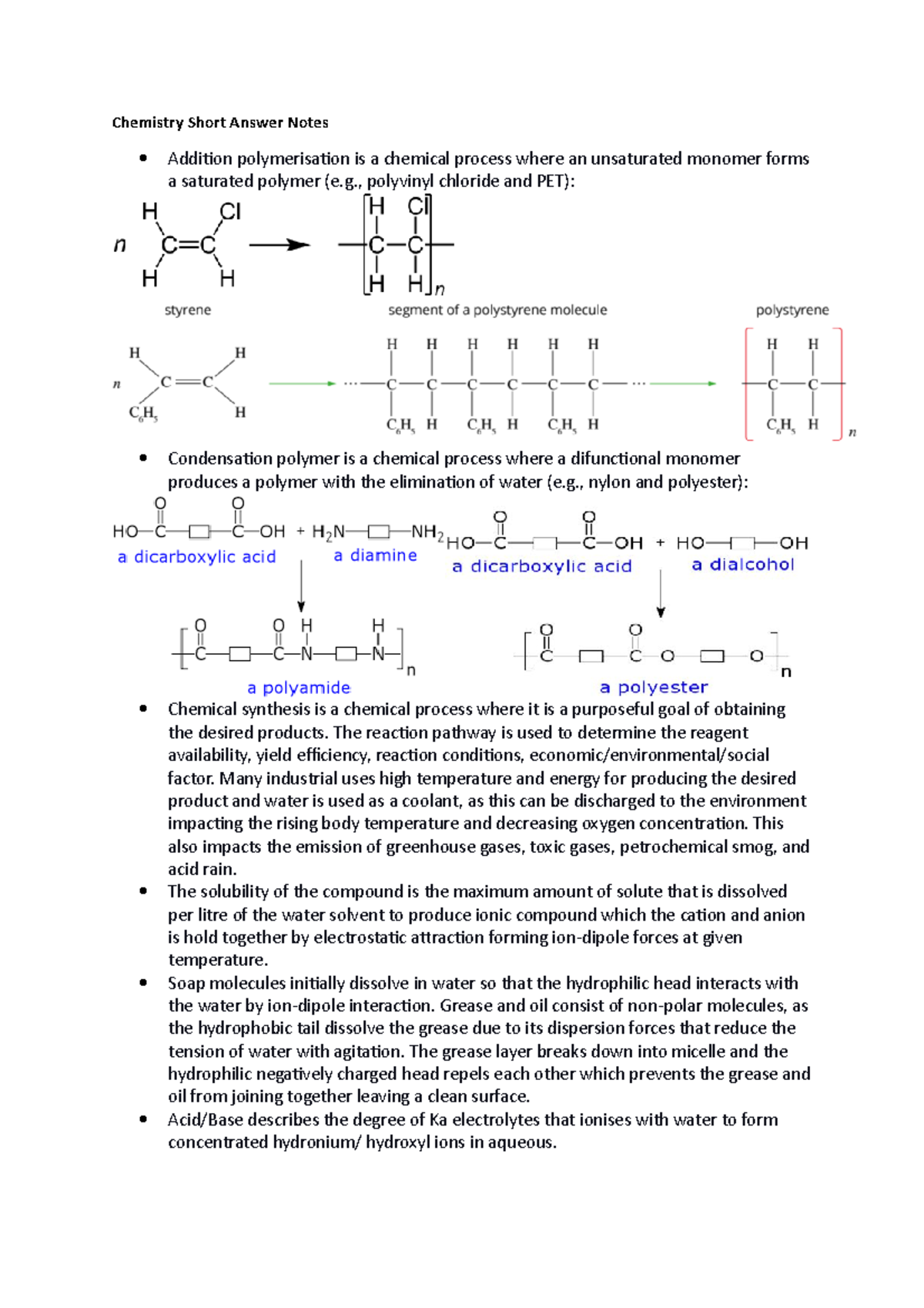 Chemistry HSC Notes - Chemistry Short Answer Notes Addition ...