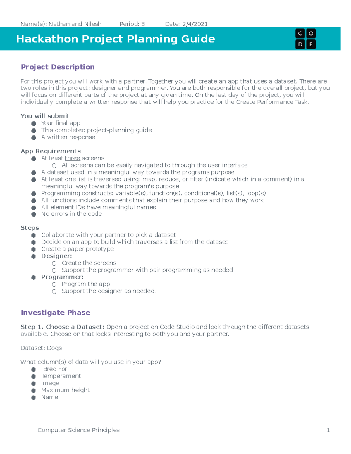 CSP 20-21 Hackathon Project Planning Guide - Name(s): Nathan And Nilesh ...