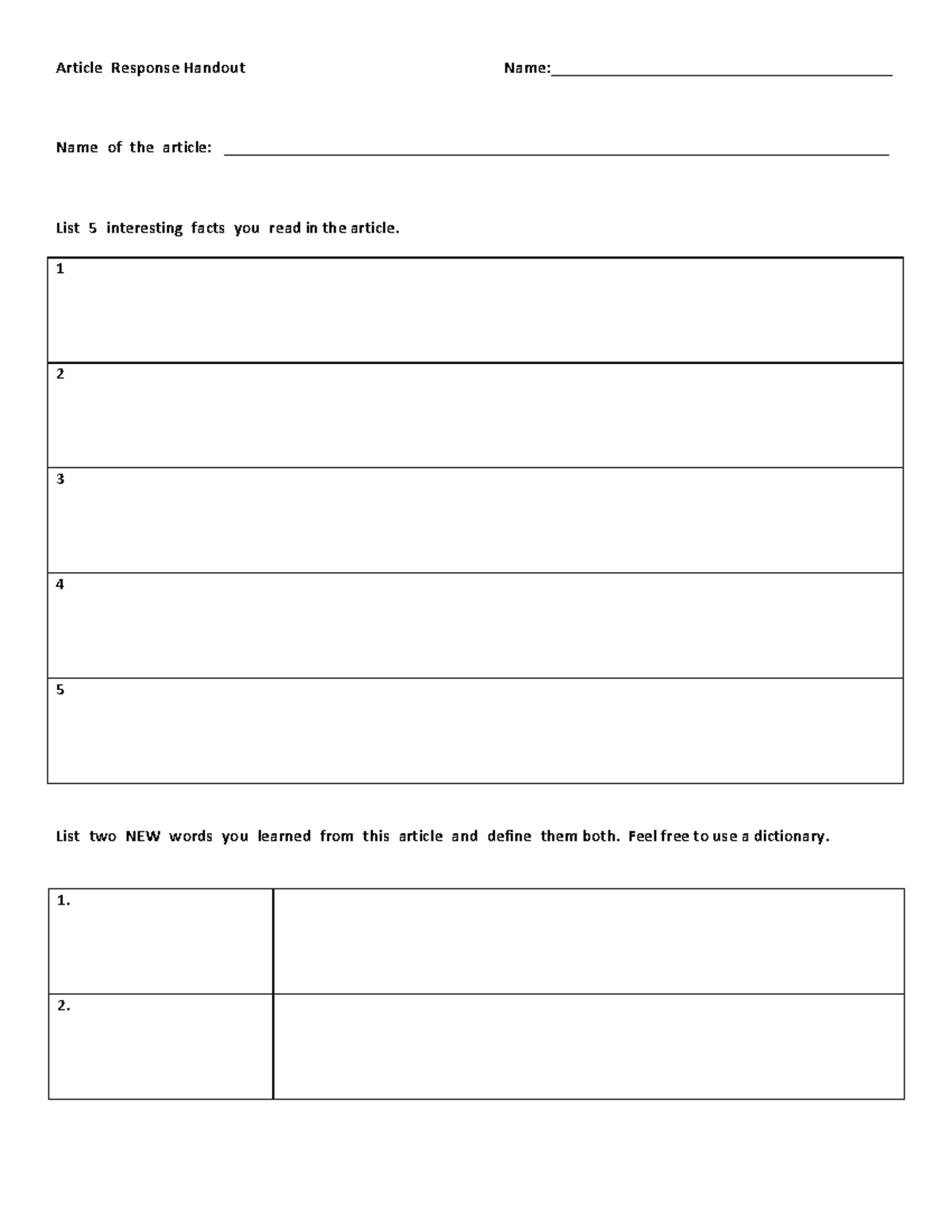 Article Response Handout - Biology Notes - Studocu