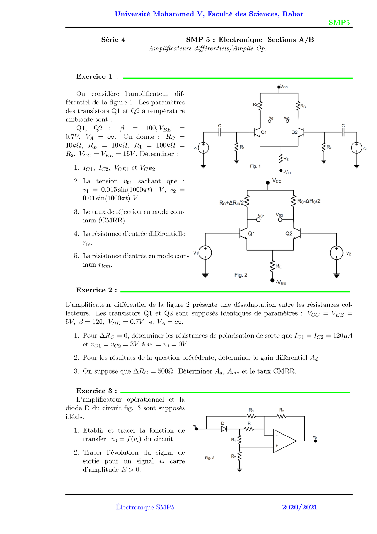 TD Electronique Analogique Série 4 - UniversitÈ Mohammed V, FacultÈ Des ...