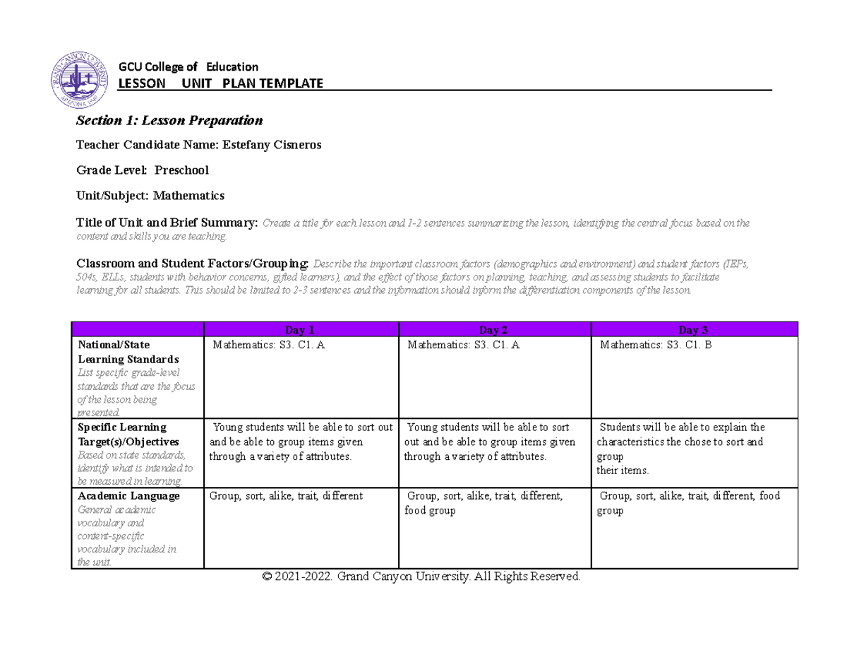 Math Learning Unit Completed - Section 1: Lesson Preparation Teacher ...