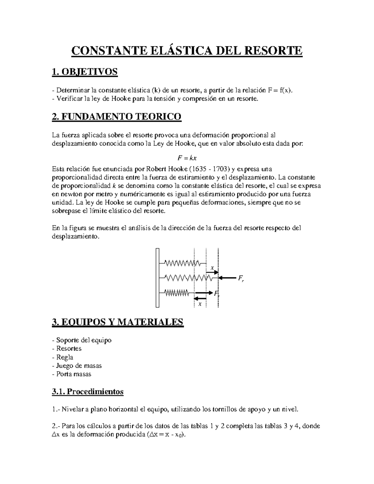 Contante elastica del resorte Fr Fr x x CONSTANTE ELÁSTICA DEL RESORTE 1. OBJETIVOS Determinar