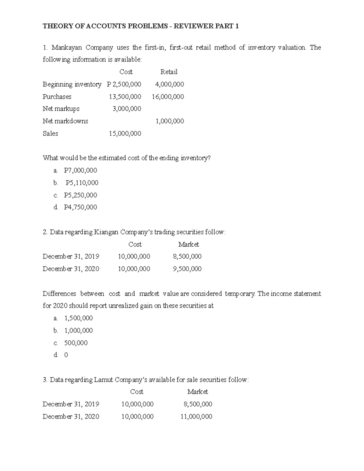Theory of Accounts Problems - Reviewer Part 1 - Mankayan Company uses ...