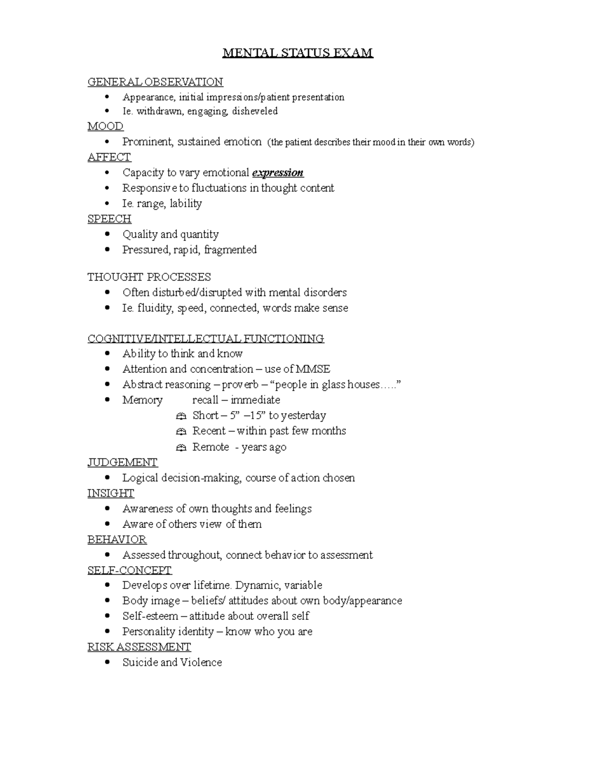 Mental Status Exam Terminology Sheet Mental Status Exam General