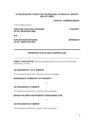 Particulars of claim plea and counterclaim - BASIC PLEADINGS What ...