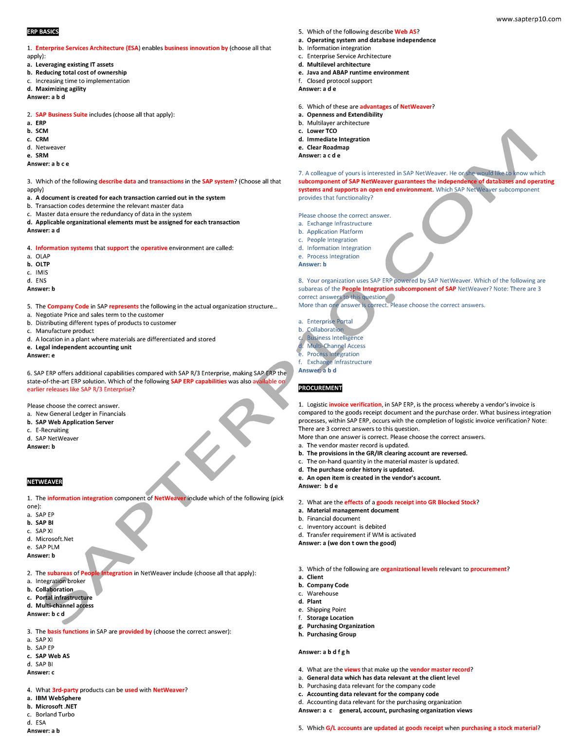 SAP Test Sample Questions 2 - ERP BASICS Enterprise Services ...