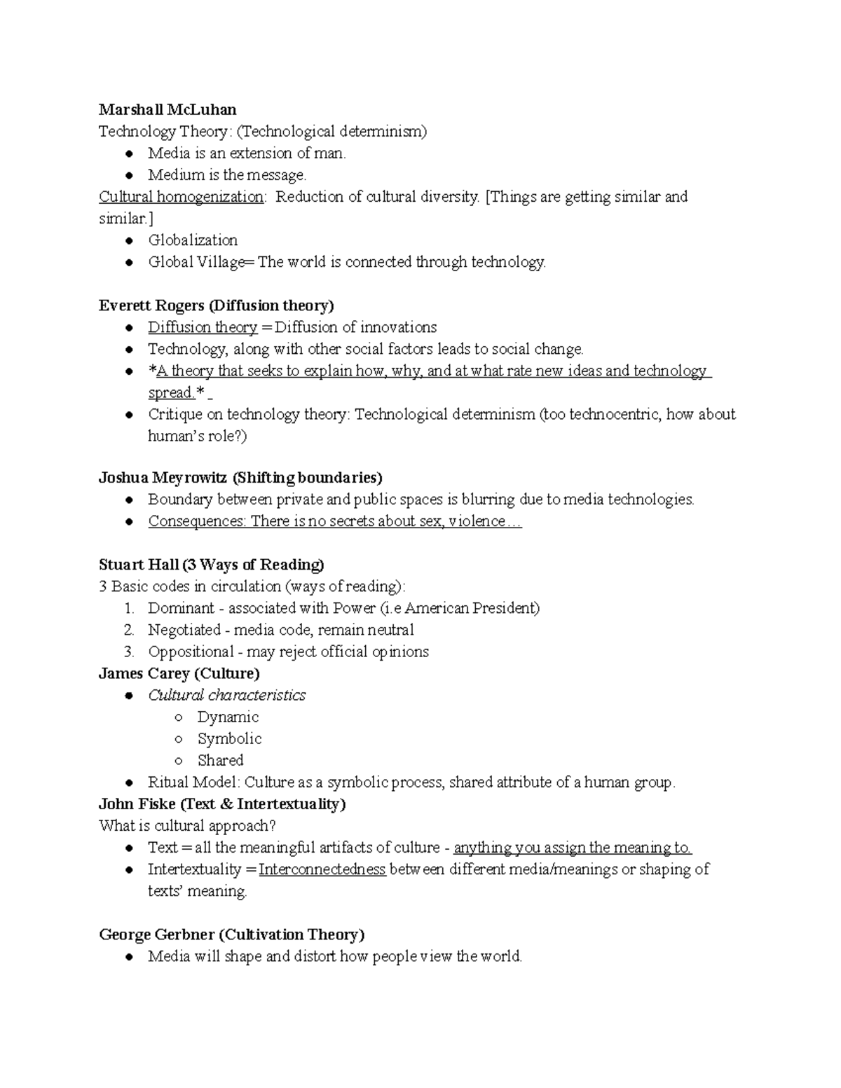 Midterm Review - Marshall McLuhan Technology Theory: (Technological ...