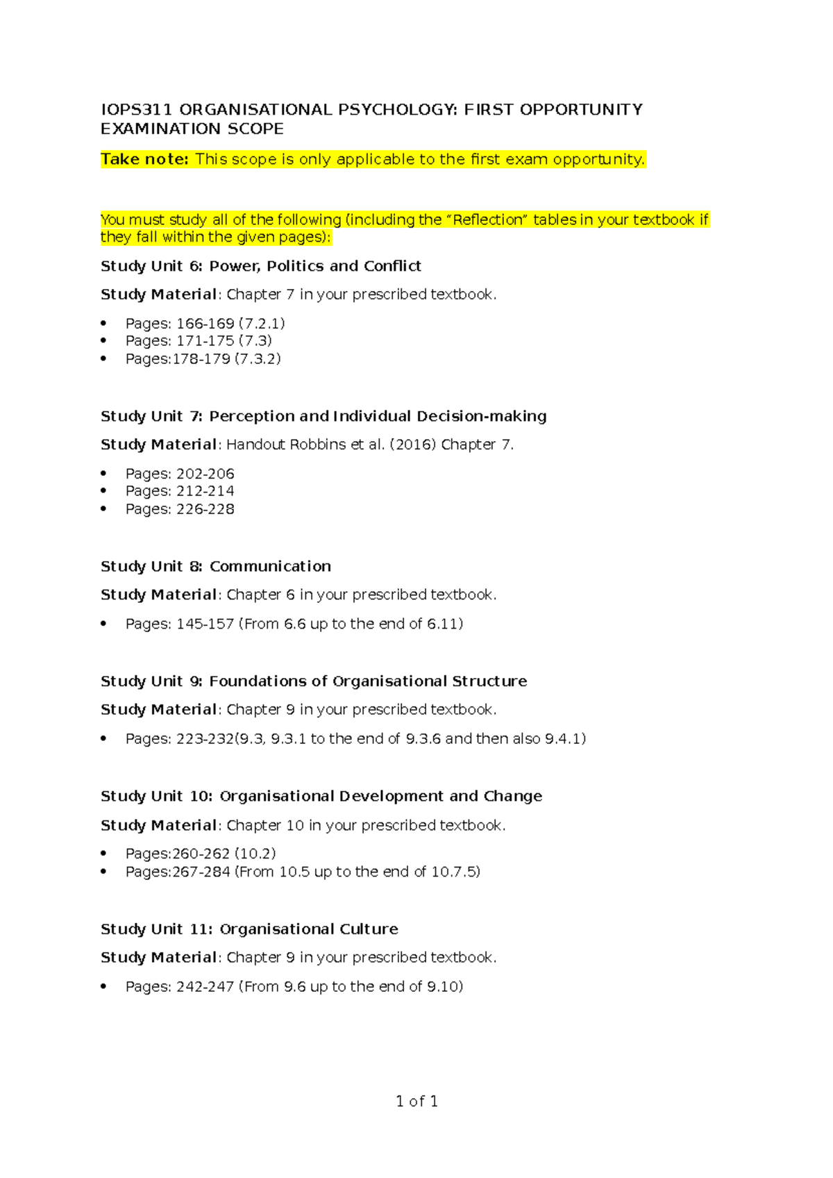 EXAM 1 Scope Final - IOPS311 ORGANISATIONAL PSYCHOLOGY: FIRST ...