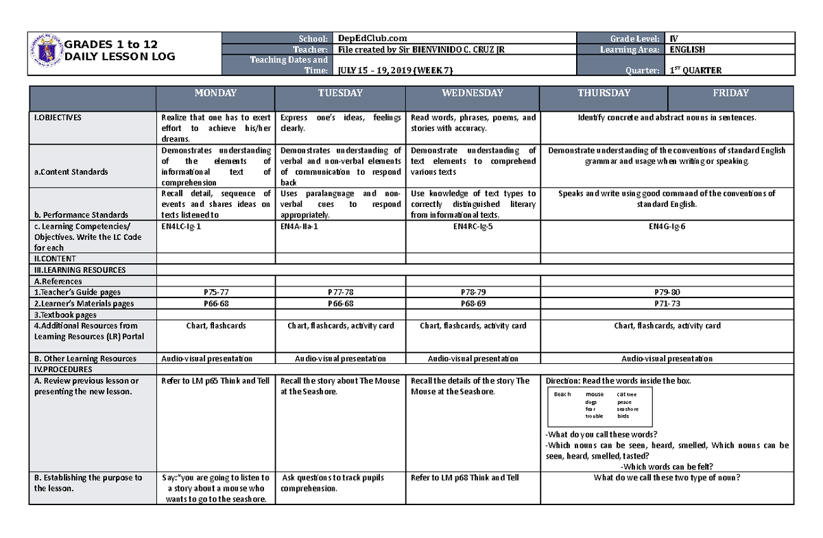 DLL English 4 Q1 W7 - notes - GRADES 1 to 12 DAILY LESSON LOG School ...