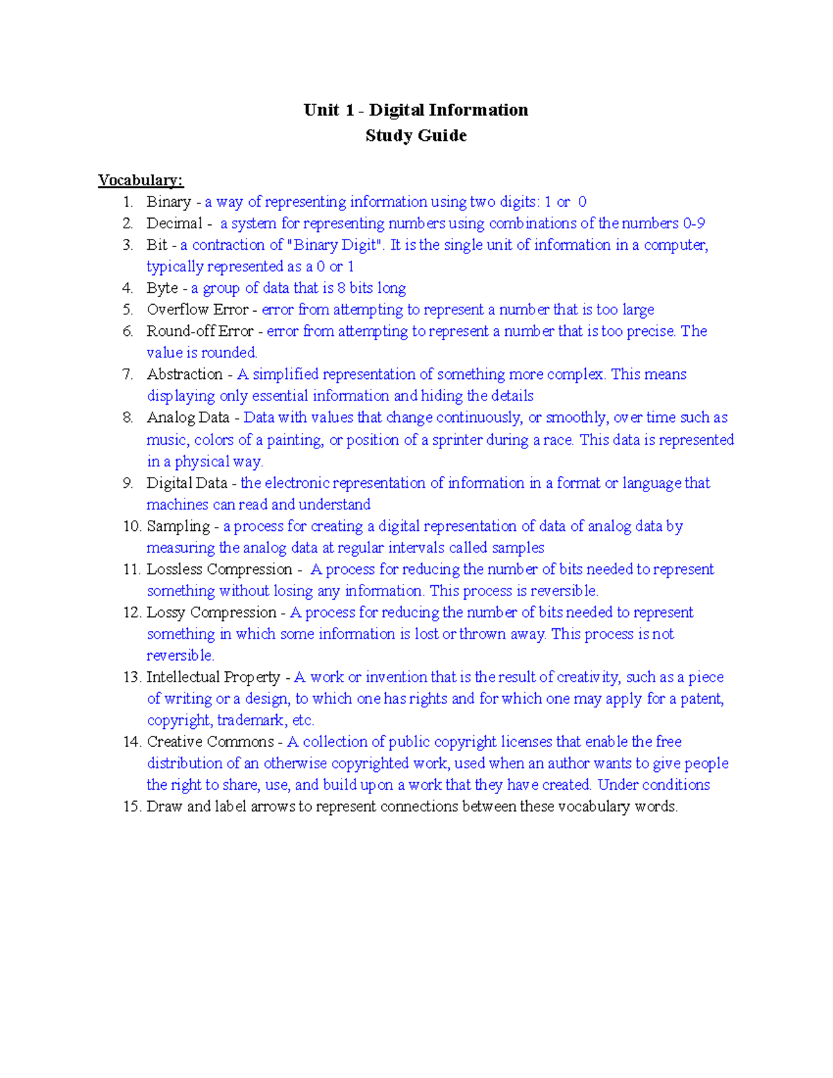 AP CSP - Unit 1 Study Guide - Unit 1 - Digital Information Study Guide ...
