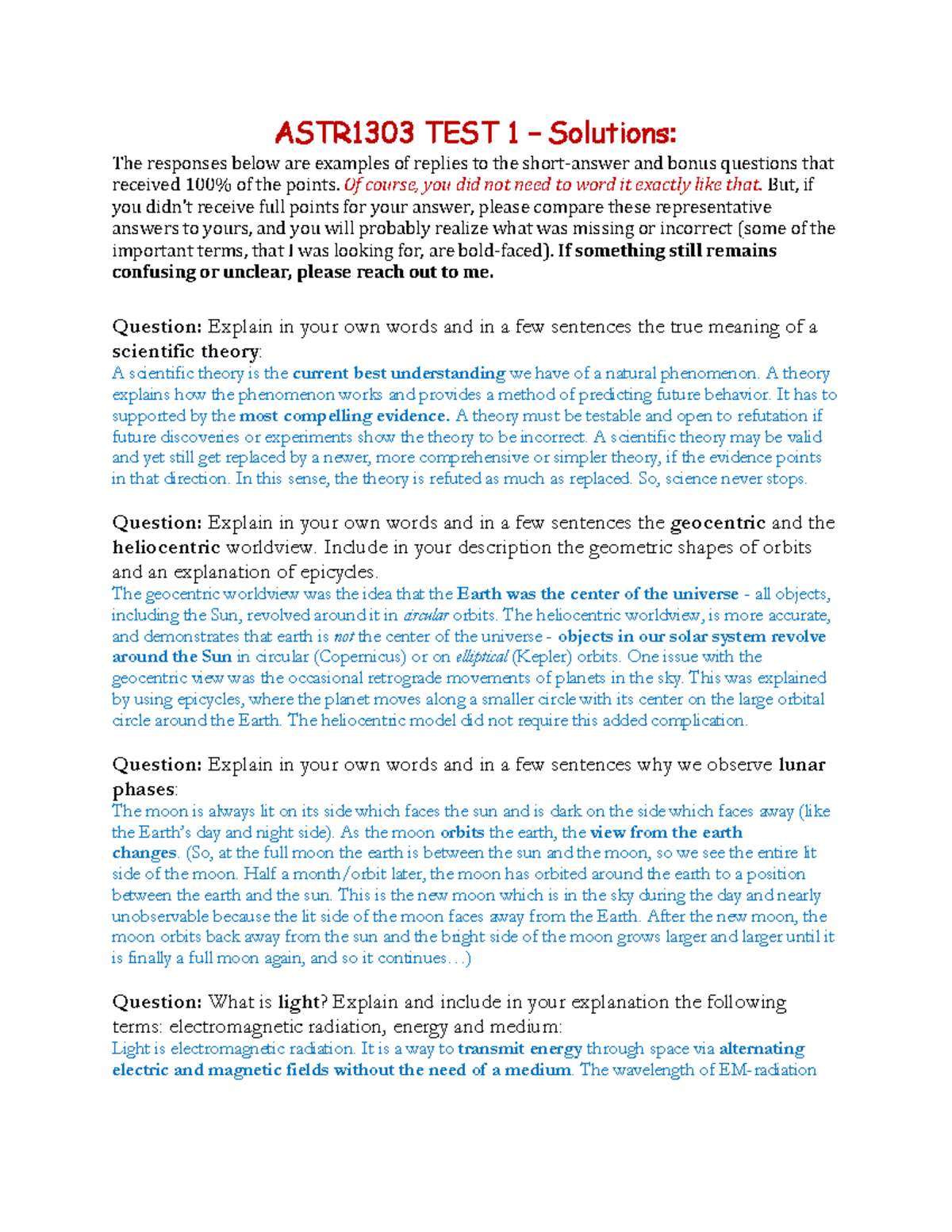 ASTR1303 TEST 1 – Solutions - ASTR1 303 TEST 1 – Solutions: The ...