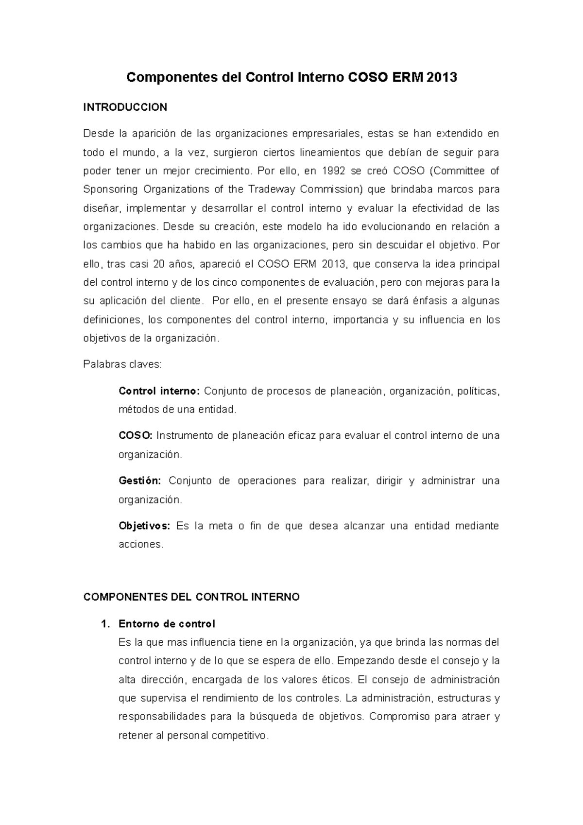 Componentes del Control Interno COSO ERM 2013 - Por ello, en 1992 se ...