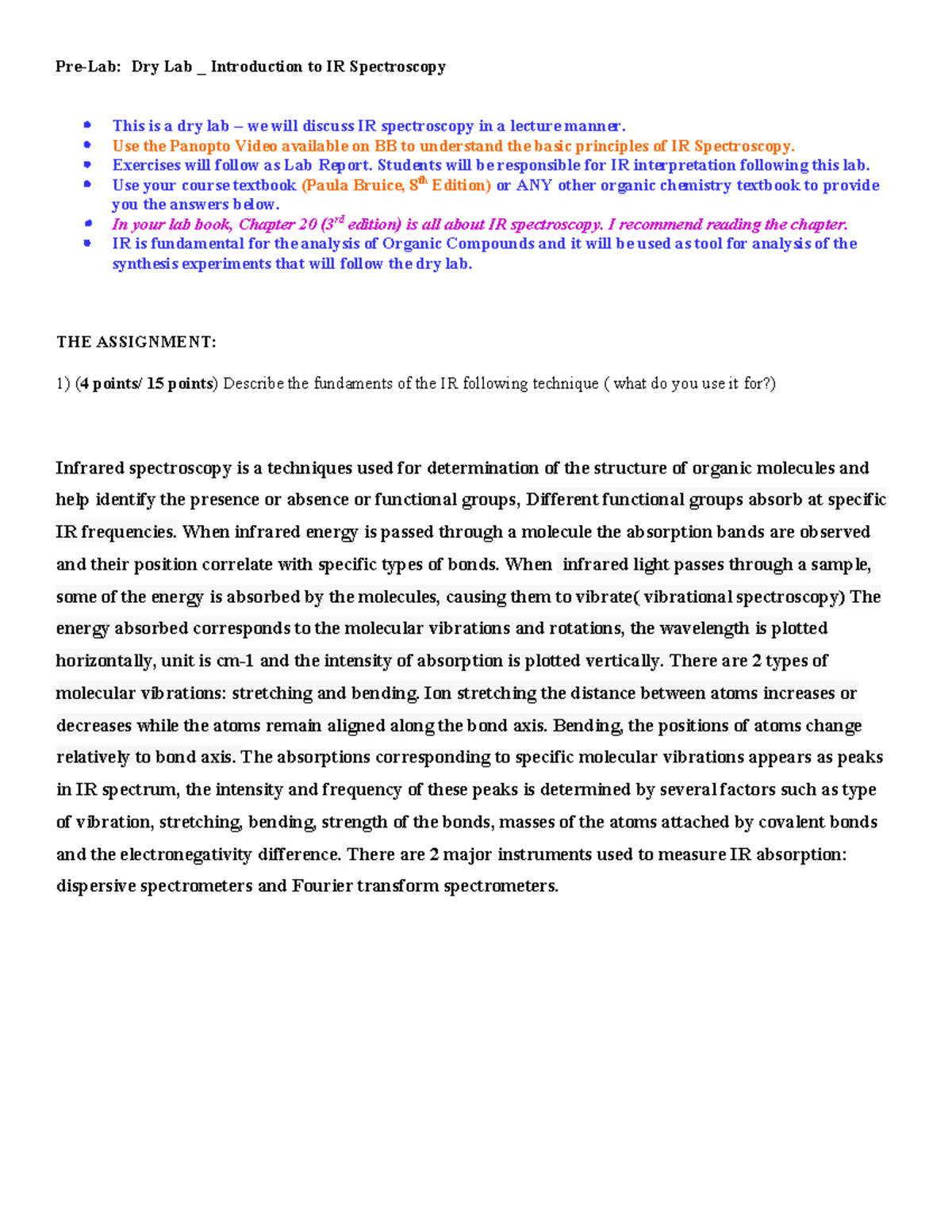 PreLab Dry lab IR spectroscopy PreLab Dry Lab _ Introduction to IR Spectroscopy This is a