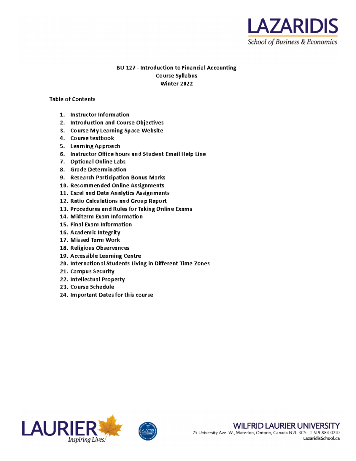 BU 127 Course Outline Winter 2022 OC2 Version - BU 127 - Introduction ...