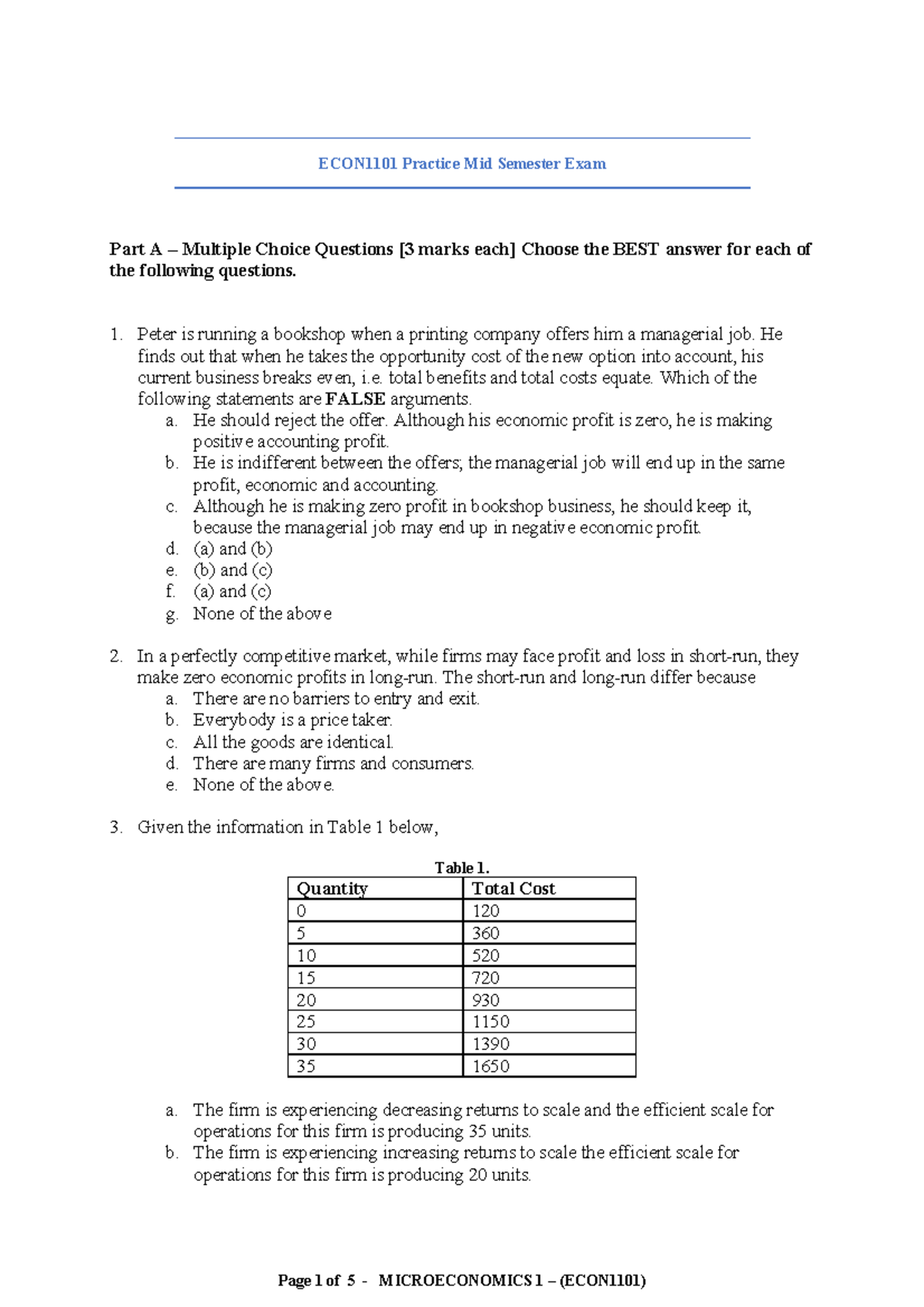 Mid Exam 2019, questions - ECON1101 Practice Mid Semester Exam Part A ...