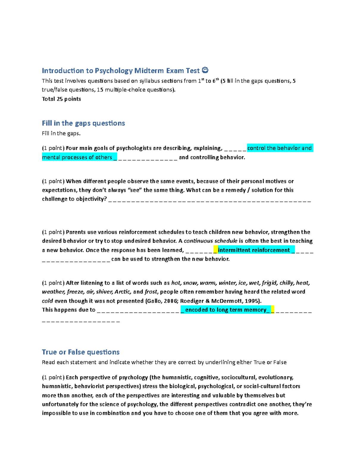 Introduction to Psychology Midterm Exam Test Total 25 points Fill in