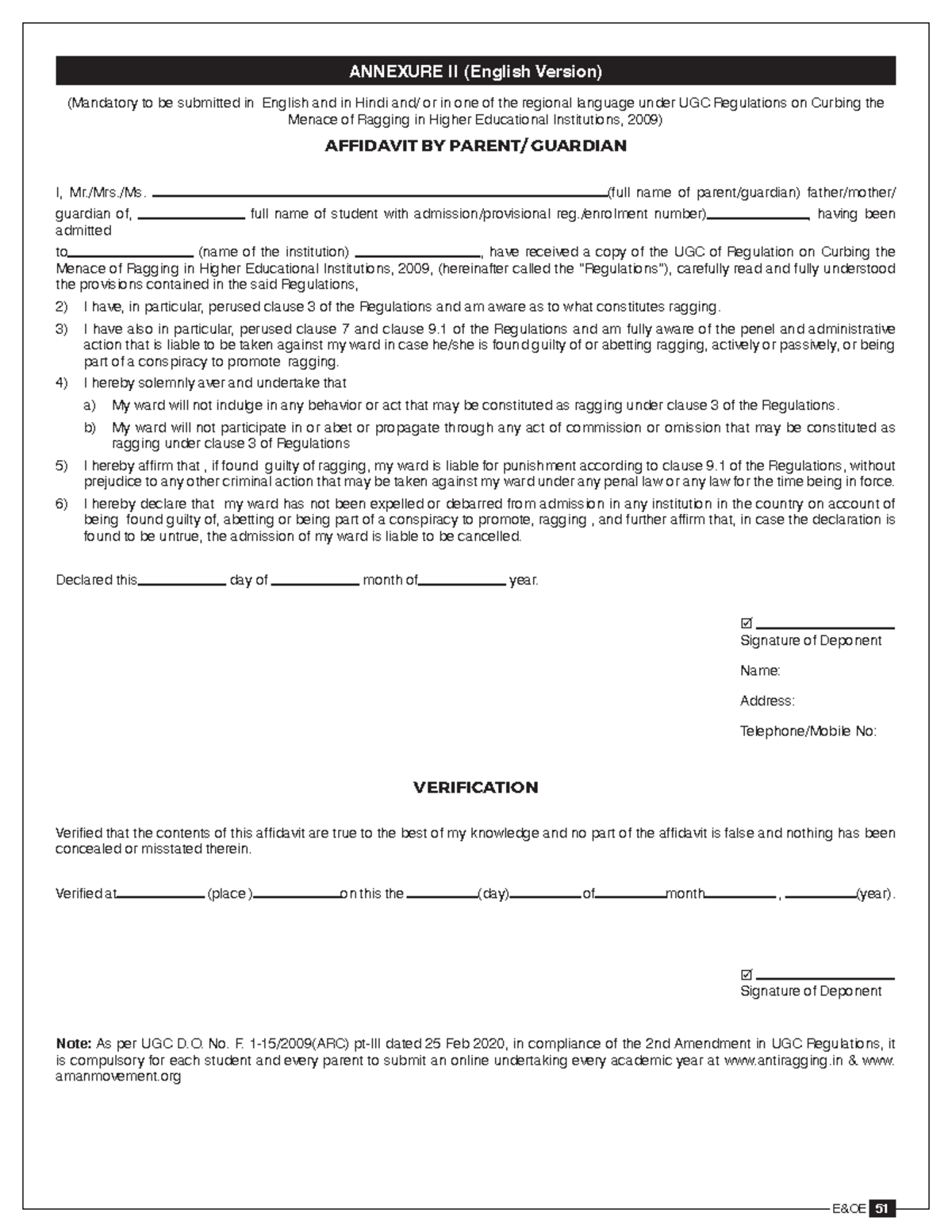 Antiragging Affidavit of the Parents 2021 - . E&OE 51 ANNEXURE II ...