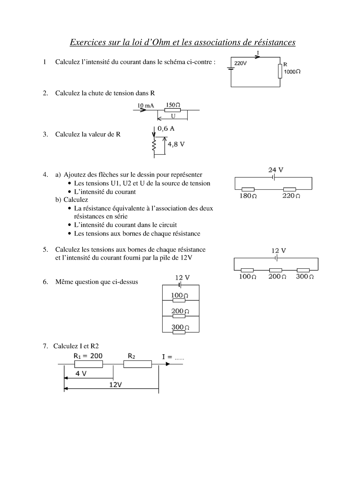 Exercices R - Exercices Sur La Loi D’Ohm Et Les Associations De ...