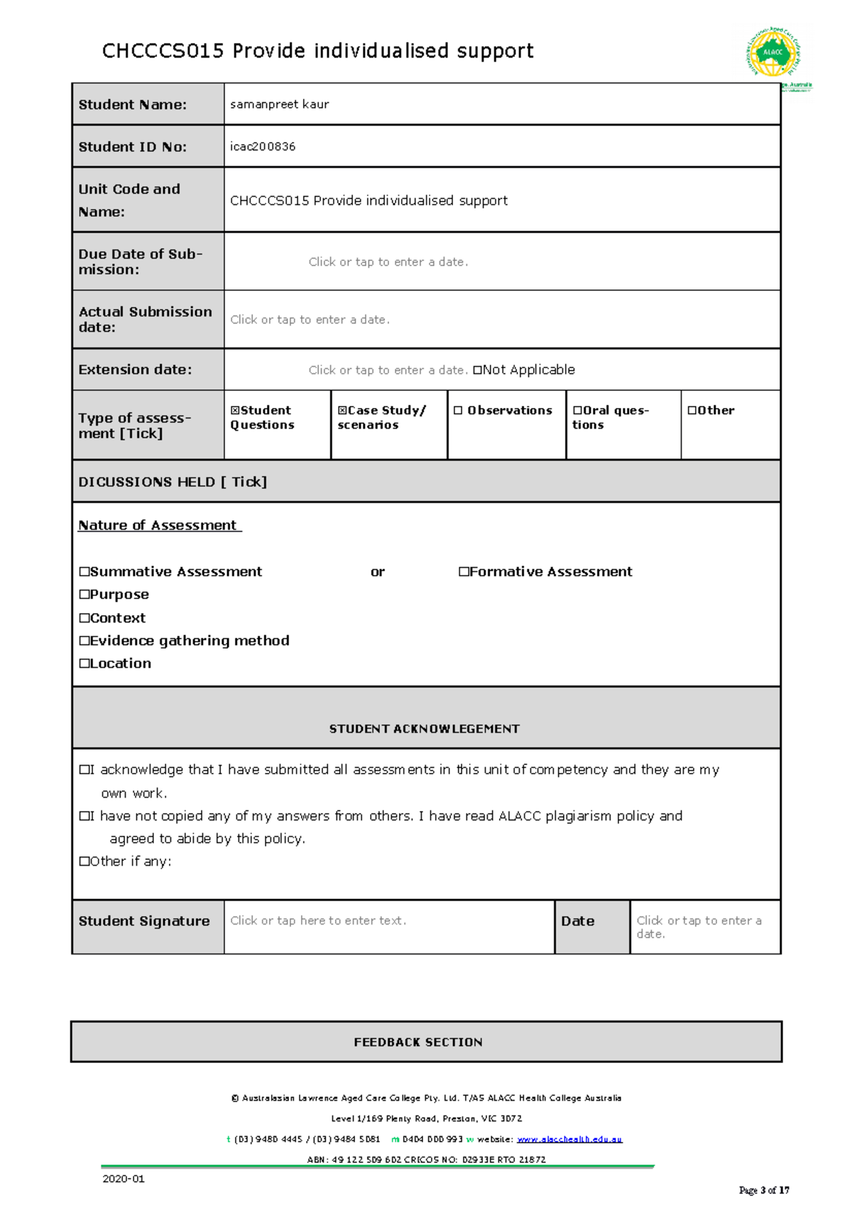 Chcccs 015 provide individual support - Page 3 of 17 Student Name ...