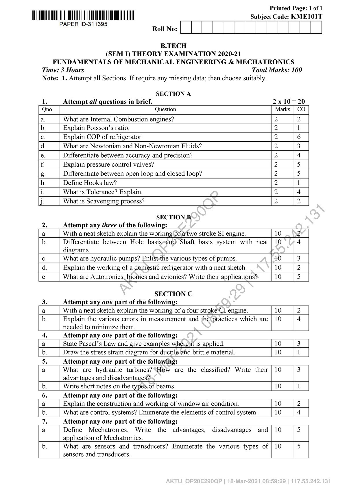 Fundamentals OF Mechanical Engineering Mechatronics KME 101T - AKTU ...