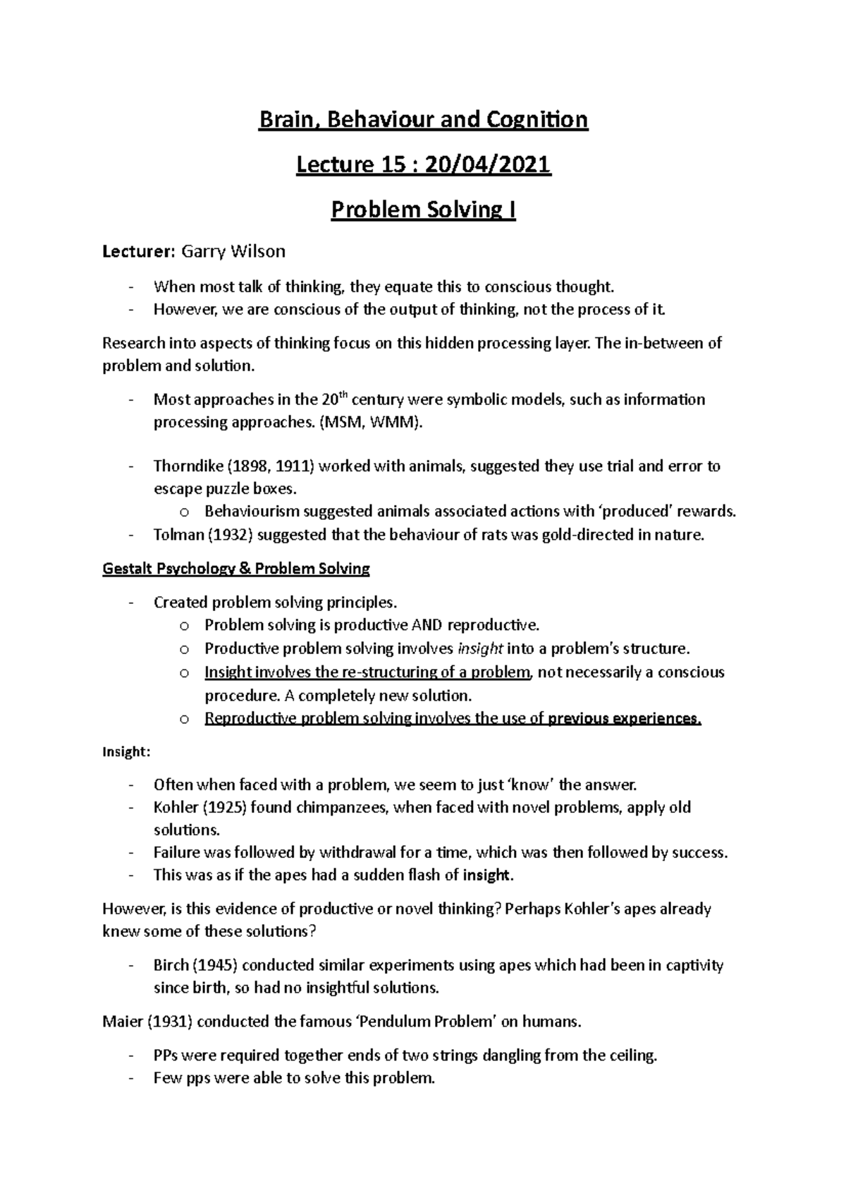 BBC - L15 - Problem Solving I - Brain, Behaviour and Cognition Lecture ...