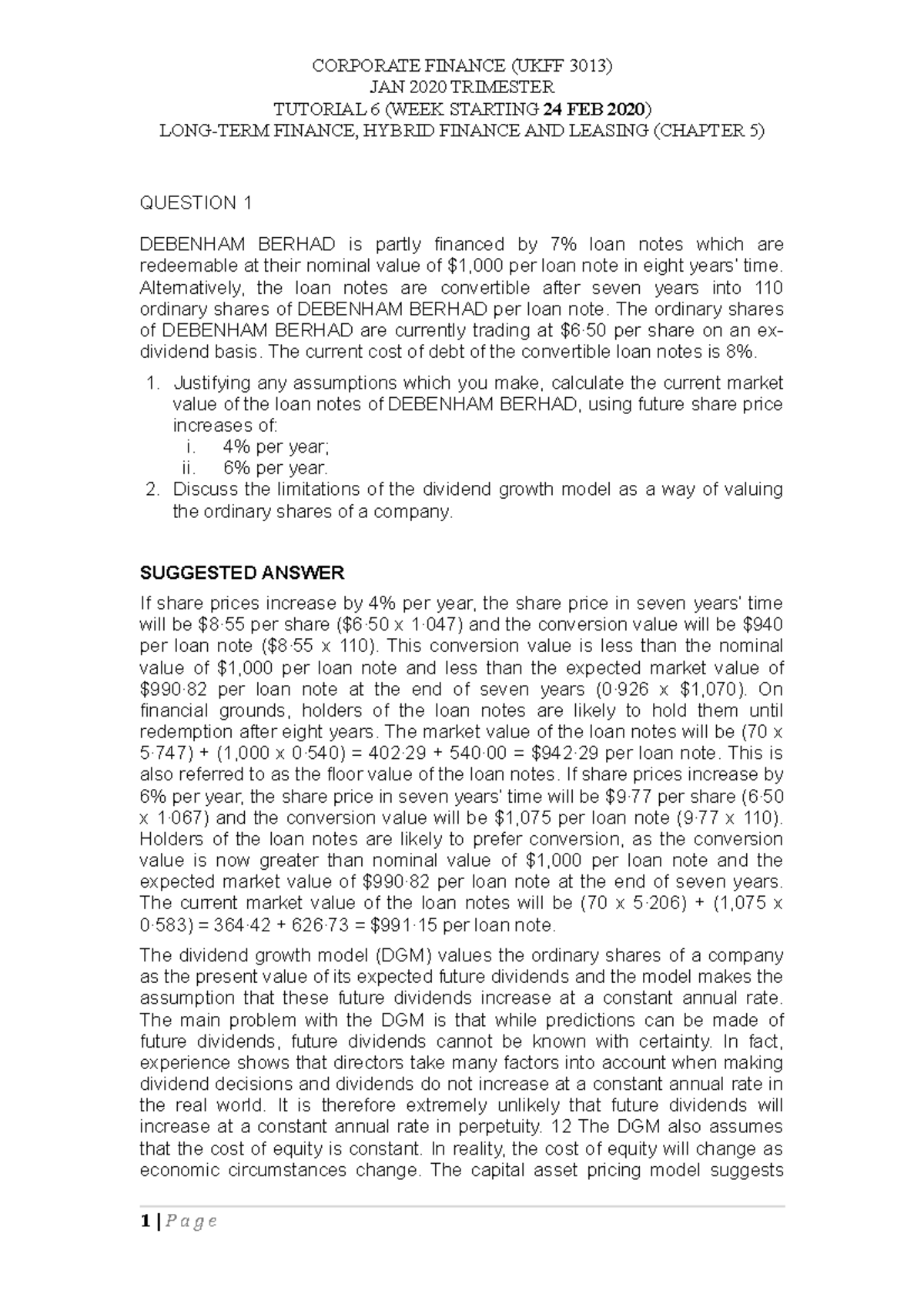 Tutorial 6 Jan 2020 Answers Corporate Finance Utar Studocu