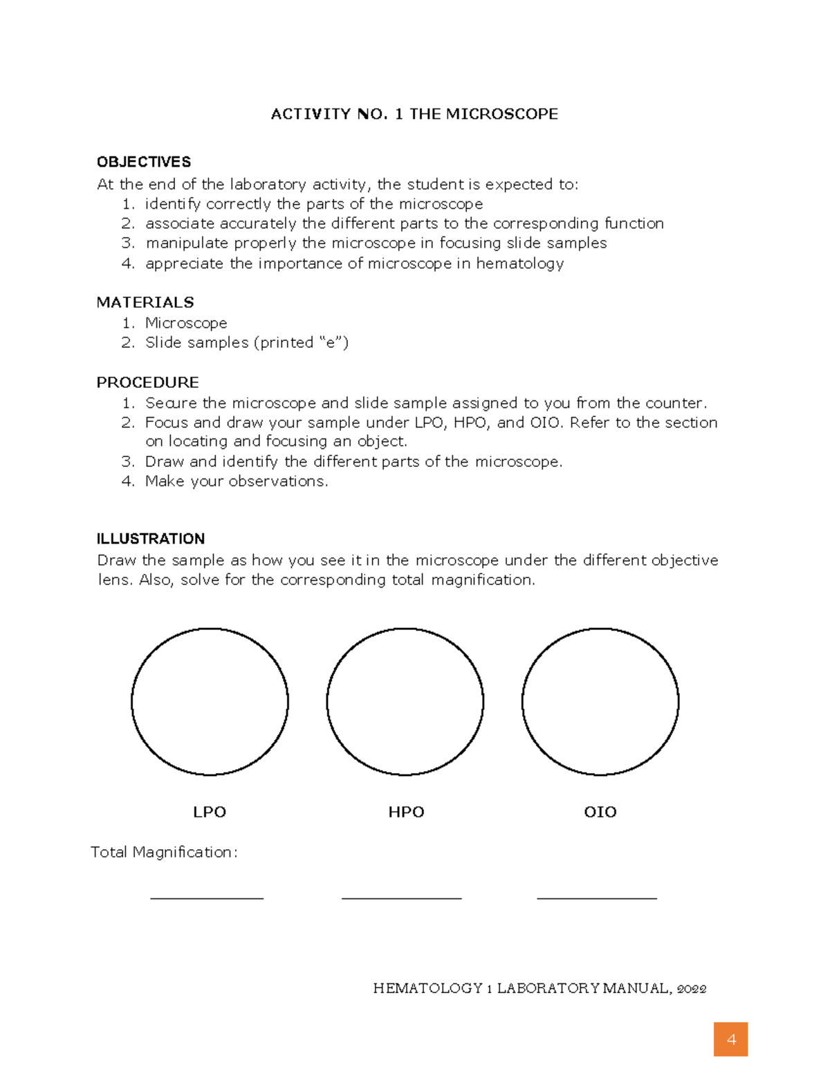 Hema 1 hema 1 notes HEMATOLOGY 1 LABORATORY MANUAL, 2022 4 ACTIVITY