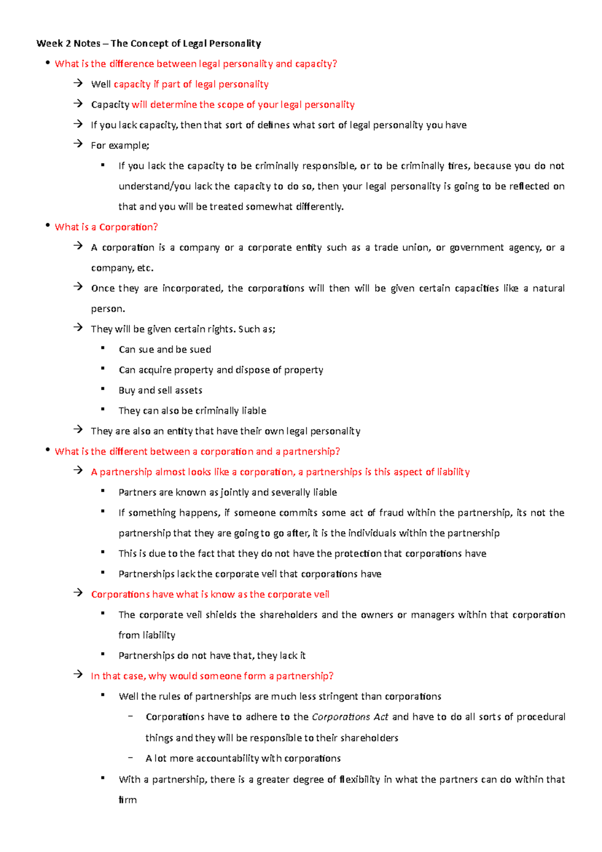 LA1104 Notes - Week 2 Notes The Concept of Legal Personality What is ...
