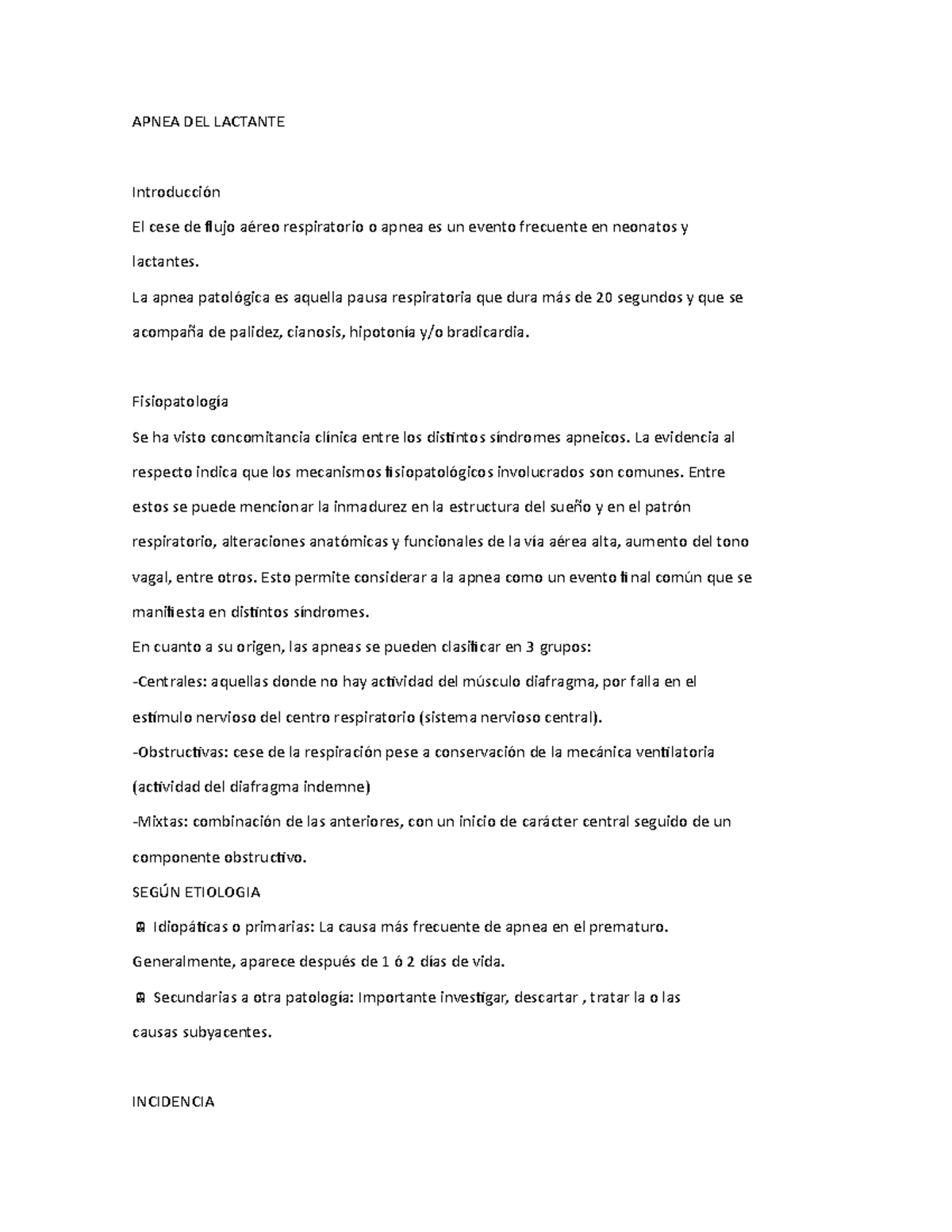 Apnea DEL Lactante Apuntes 1 APNEA DEL LACTANTE Introducción El