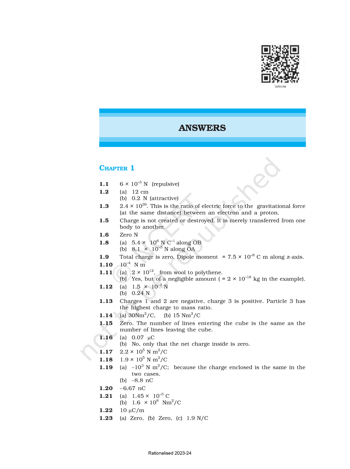 Physics - ANSWERS CHAPTER 1 ####### 1 6 × 10–3 N (repulsive) ####### 1 ...