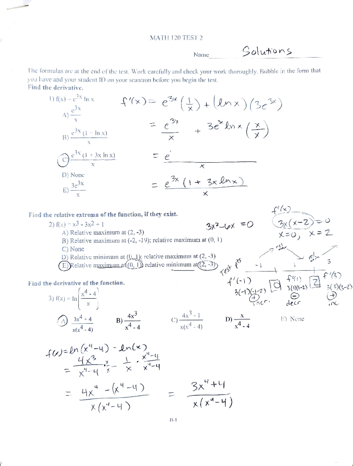 M120 Exam 2 ver B solutions - ) f(x) =eX In x 4)e The fornulas are at ...
