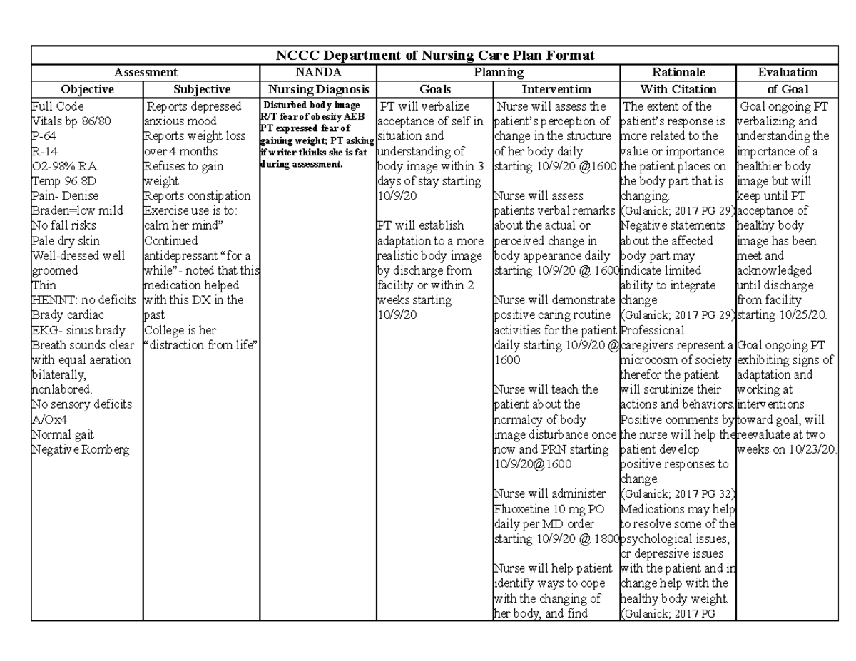 Anorexia Care Plan NCCC Department Of Nursing Care Plan Format 