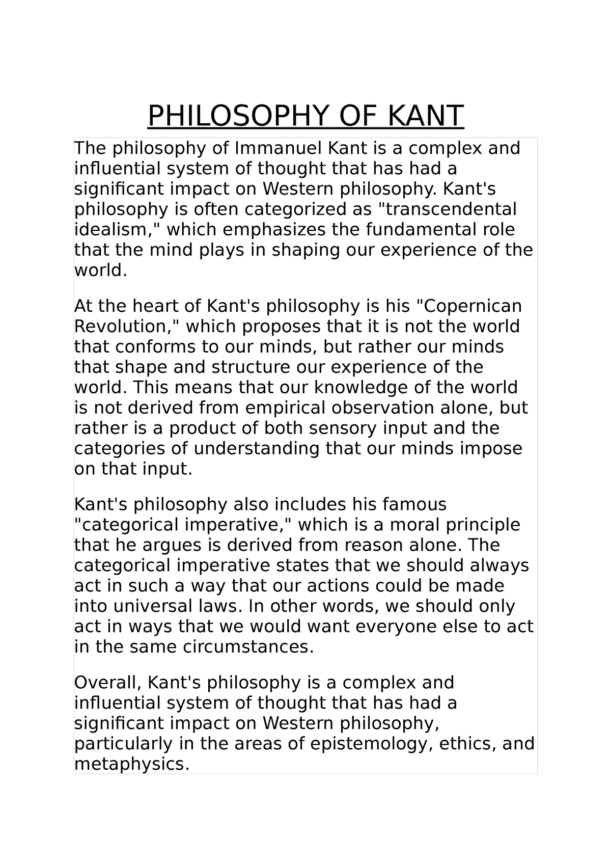 PHILOSOPHY OF KANT - PHILOSOPHY OF KANT The Philosophy Of Immanuel Kant ...