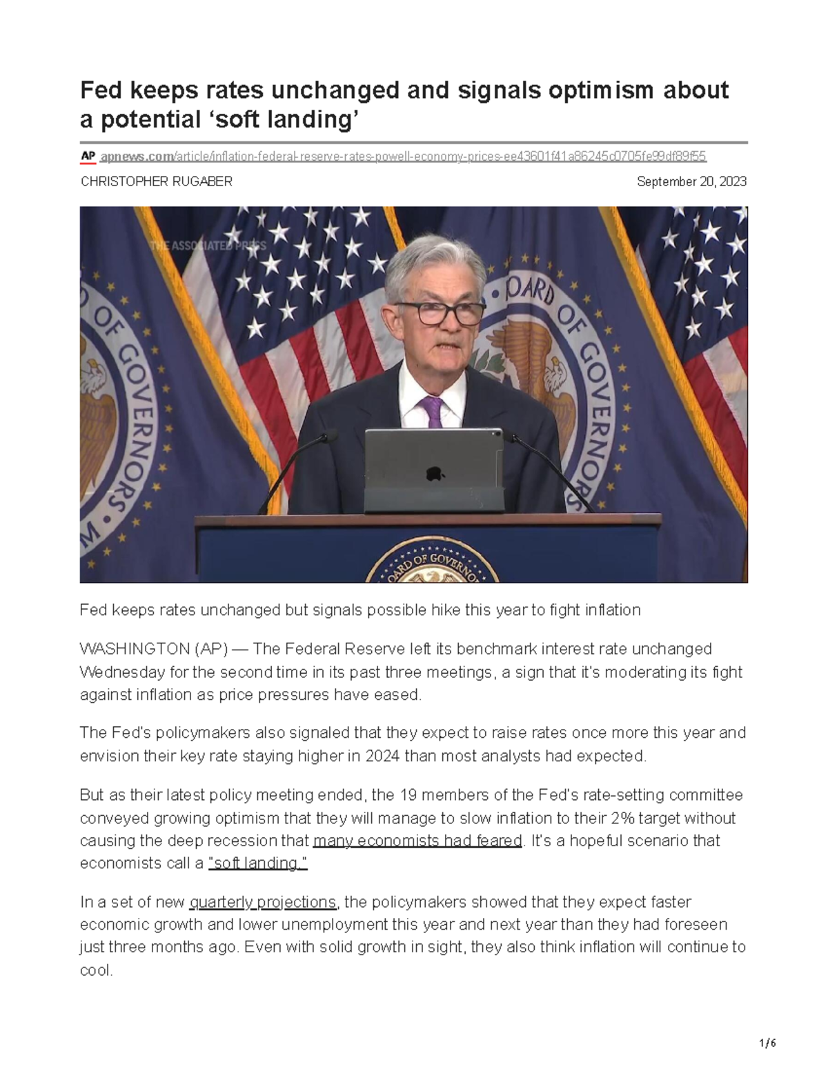 Apnews - bruh - CHRISTOPHER RUGABER September 20, 2023 Fed keeps rates ...