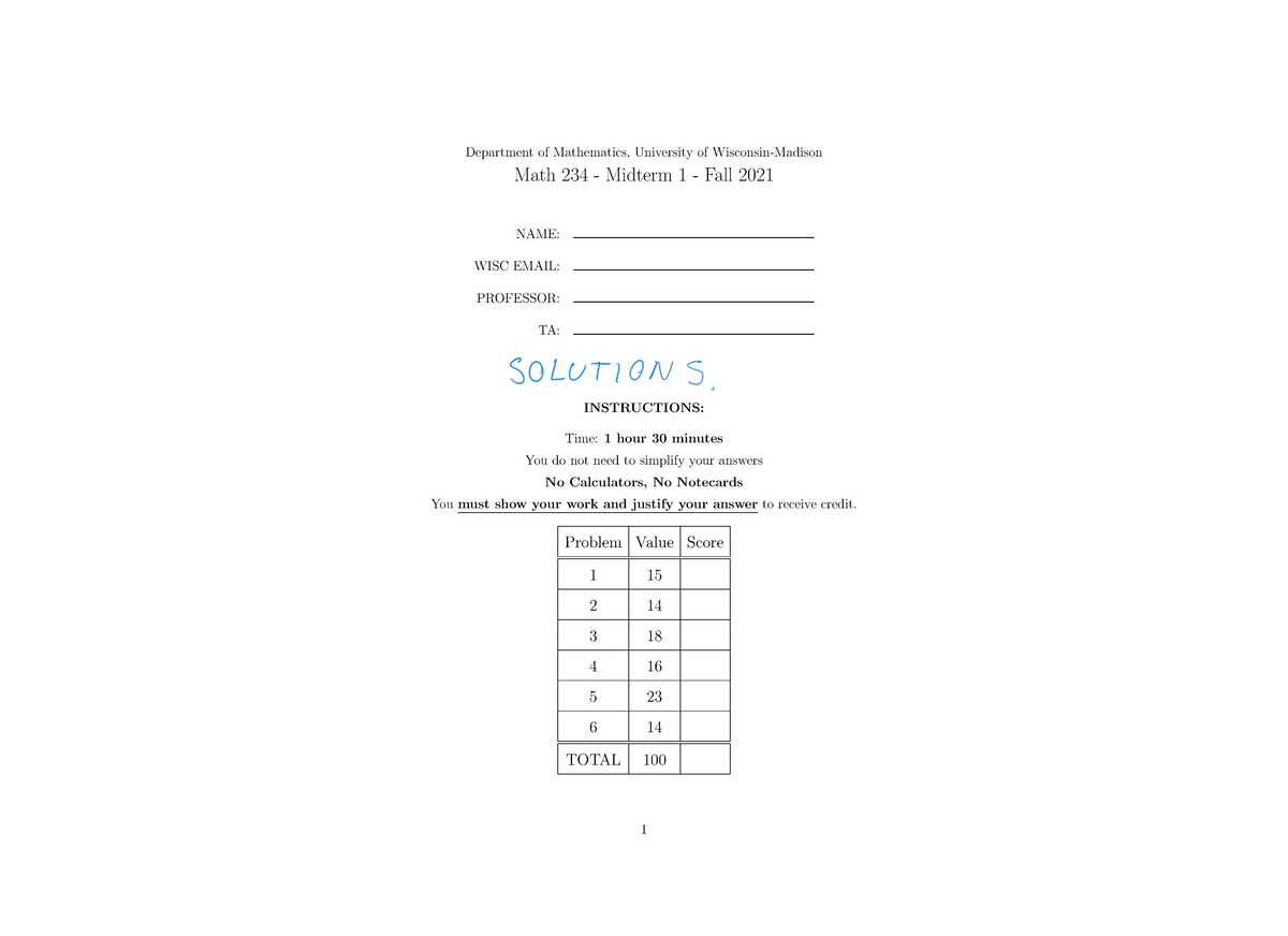 234 - F21 - Midterm 1 solutions - Department of Mathematics, University ...