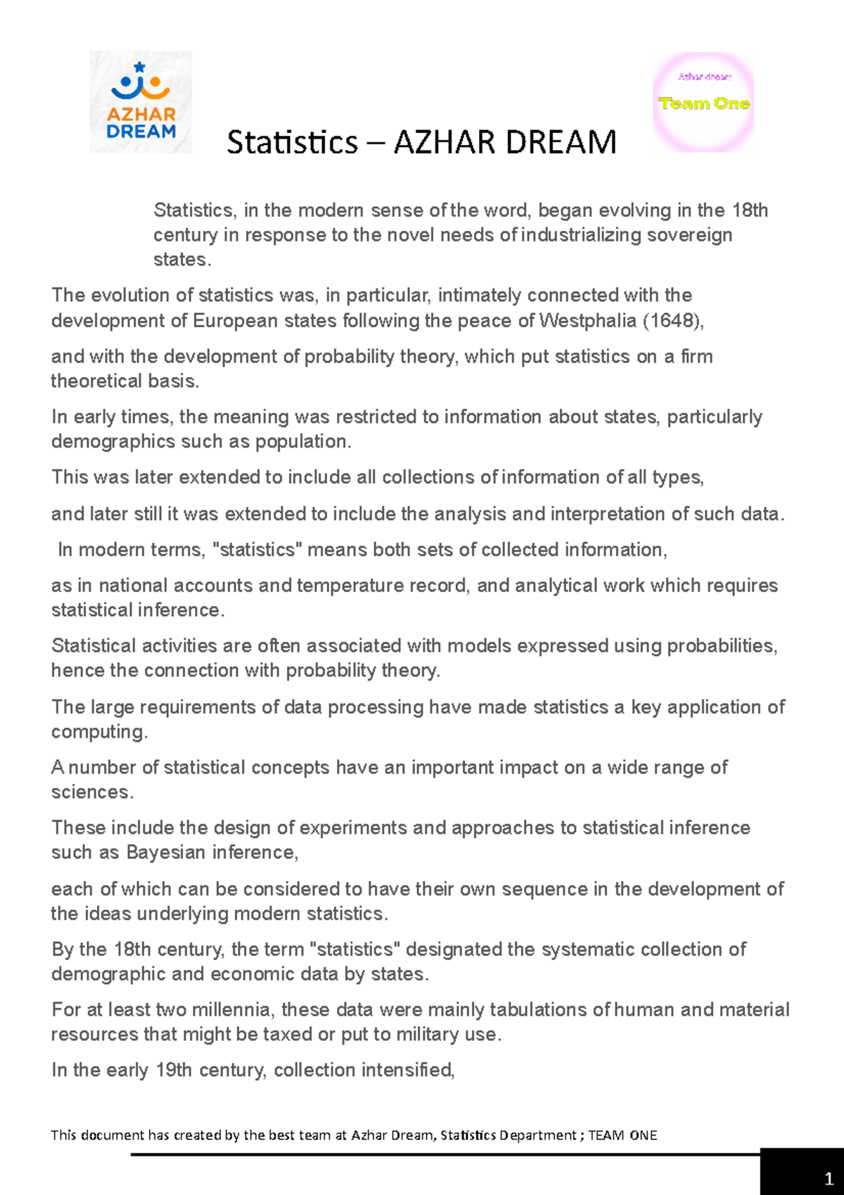 History of Stat - sdkonvsdon - Statistics – AZHAR DREAM Statistics, in ...