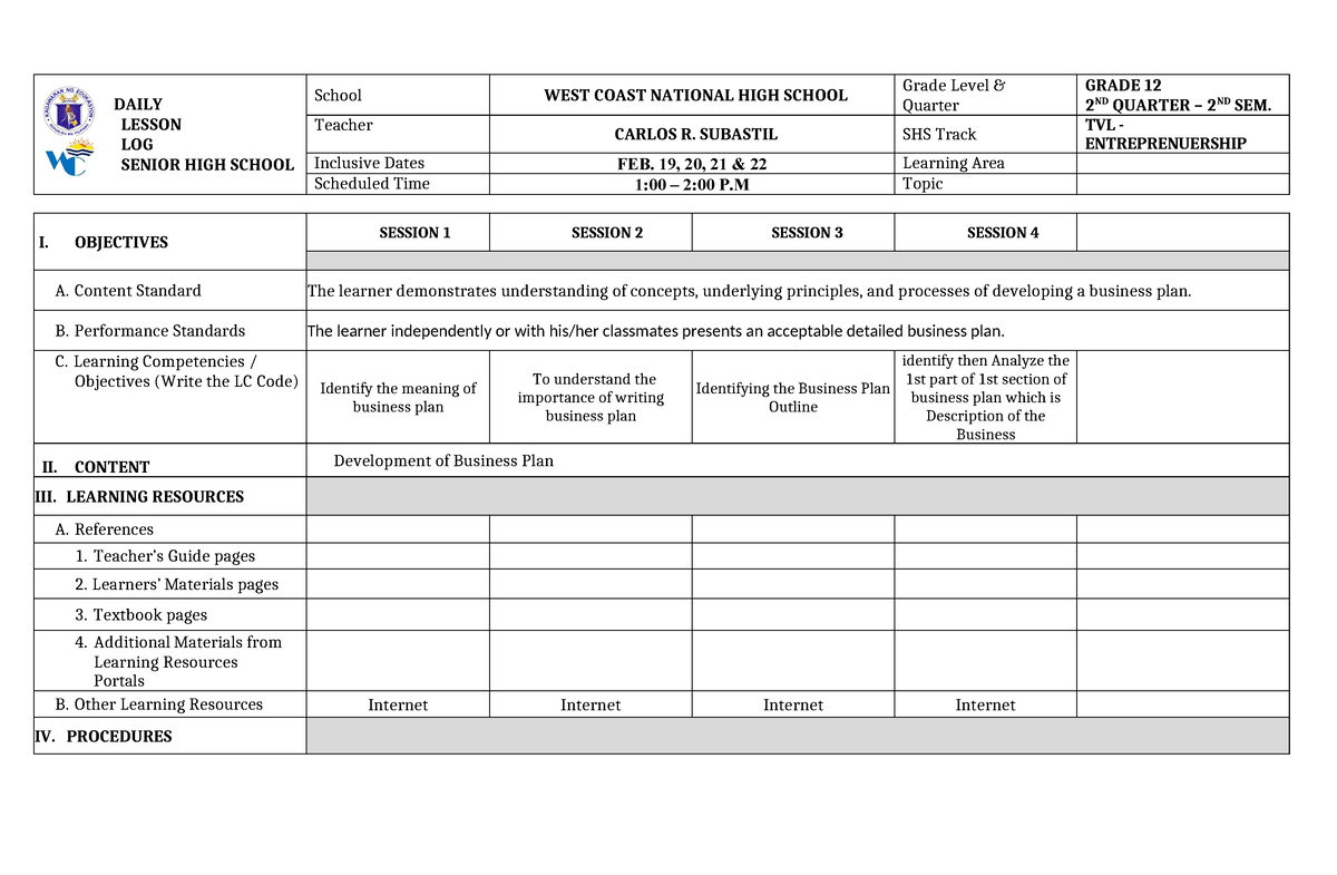 Dll-2 - dll - DAILY LESSON LOG SENIOR HIGH SCHOOL School WEST COAST ...