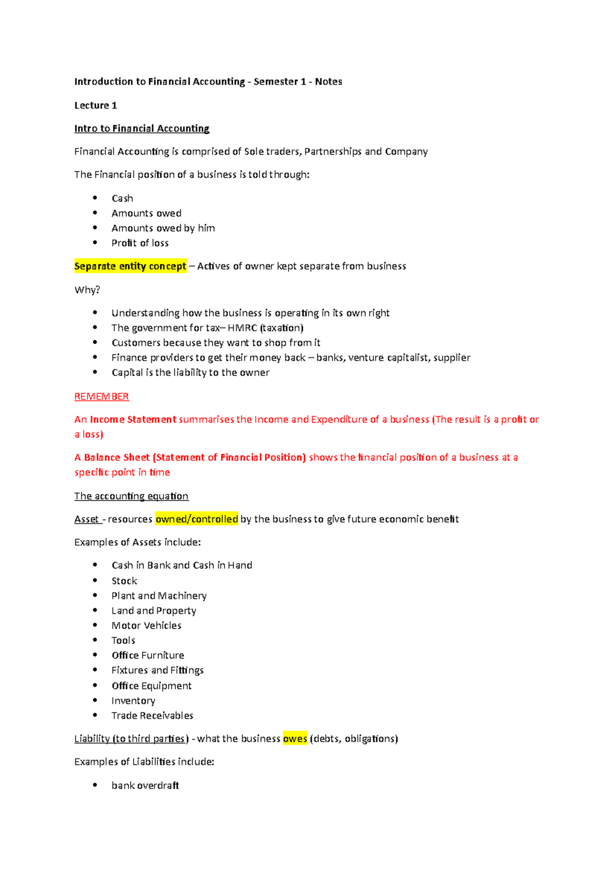 Intro to Financial Accounting Week 1, Lecture 1 Notes - Introduction to ...