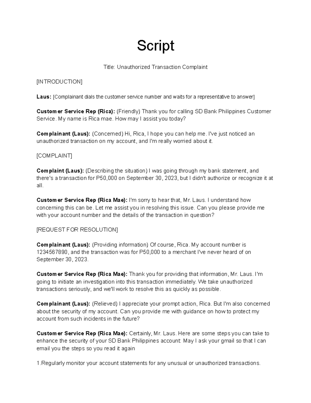 Complaint - ssafsasfasfas - Script Title: Unauthorized Transaction ...