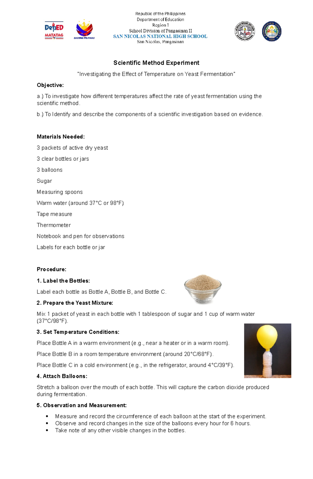 Performance TASK #1 - Scientific Method ( Yeast Fermentation) - STE 7 ...